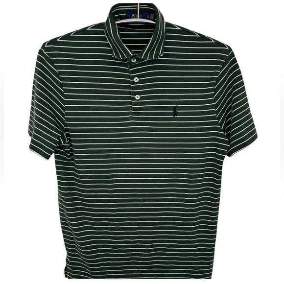 Ralph Lauren Dark Green Striped Polo Shirt with Iconic Embroidered Logo
