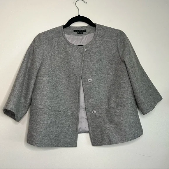 Theory Womens Gray Wool Blend Collarless 3/4 Sleeve Snap Front Jacket‎ Size P