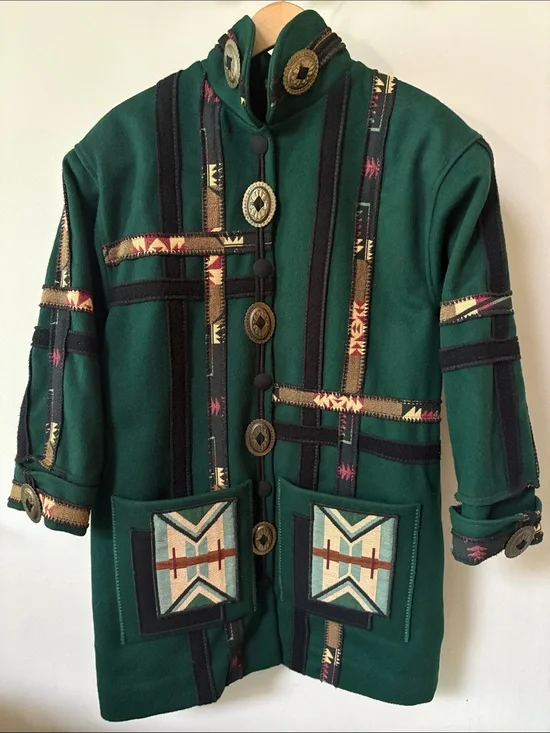 Coloratura Wool Green Patterned Jacket w Tribal Patch Pockets Small / Medium