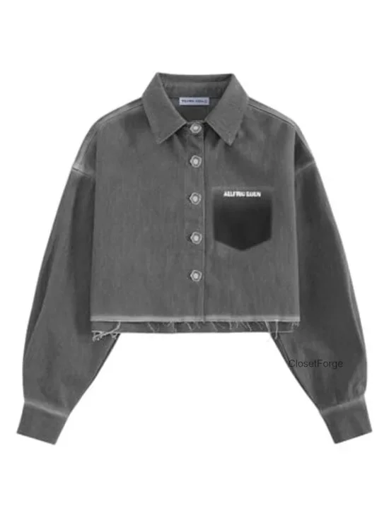 Cropped Denim Jacket Washed Grey Vintage Spring Jacket