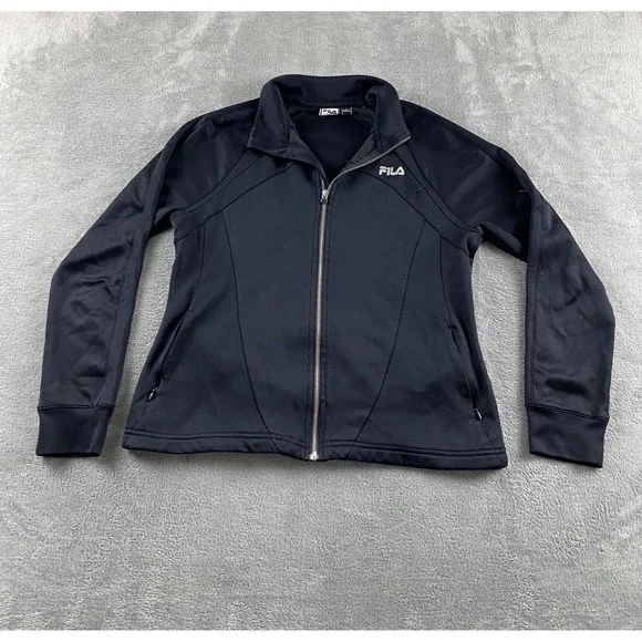 Fila Sport Womens Black Full Zip Track Jacket Fleece Lined Mock Neck Large