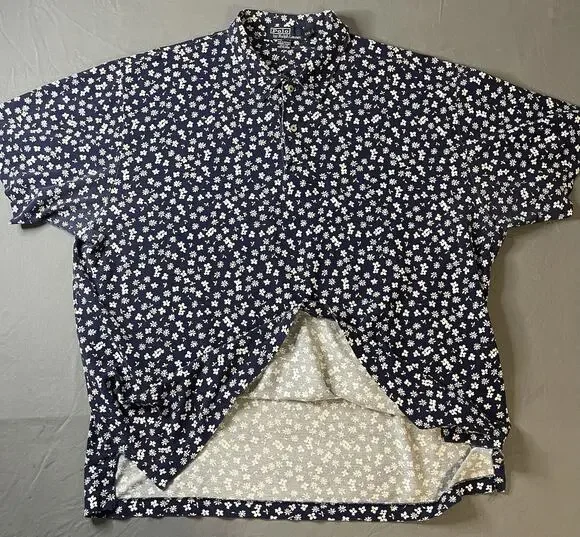 Vintage 90s Polo Ralph Lauren XXL Navy Floral Polo Shirt Made in USA Terr.