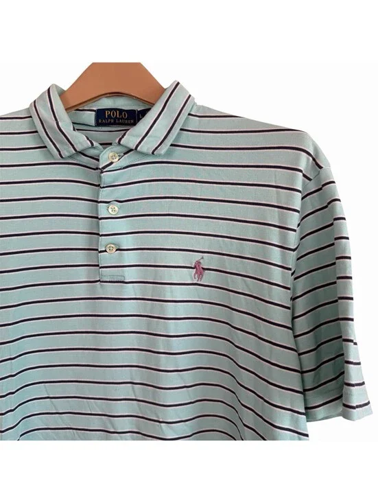 Polo Ralph Lauren Hirt Mens Large Mint Green Navy Blue Striped Purple Pony
