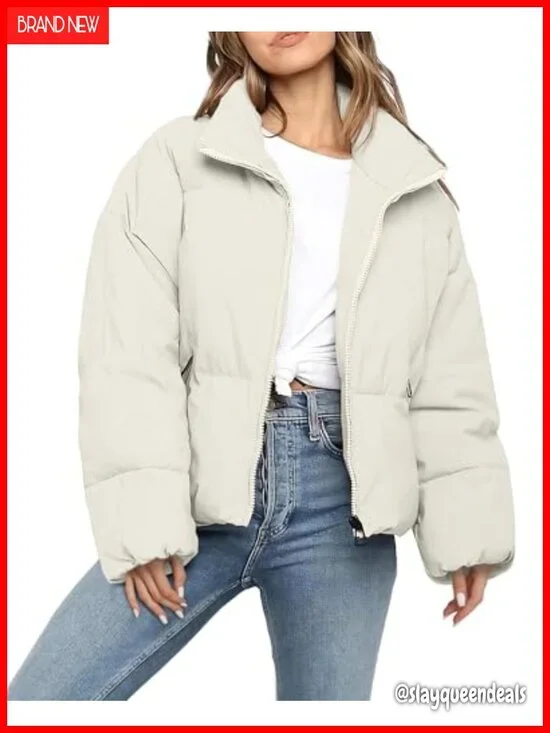 Cropped Puffer Jacket Coat Winter Quilted Outerwear Long Sleeve Puffy Jacket