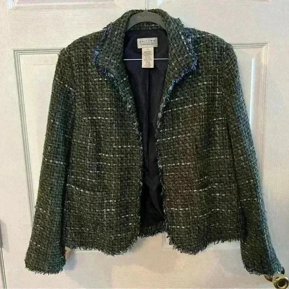 JohnPaulRichard Wool Blend Tweed Open Front Jacket in Black Blue Brown Size 12