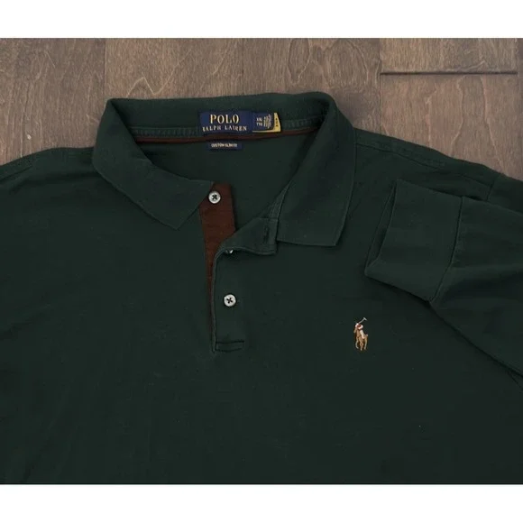 Ralph Lauren Mens Long Sleeve Brown Custom Slim Fit Polo Shirt 2XL Flesh Pony