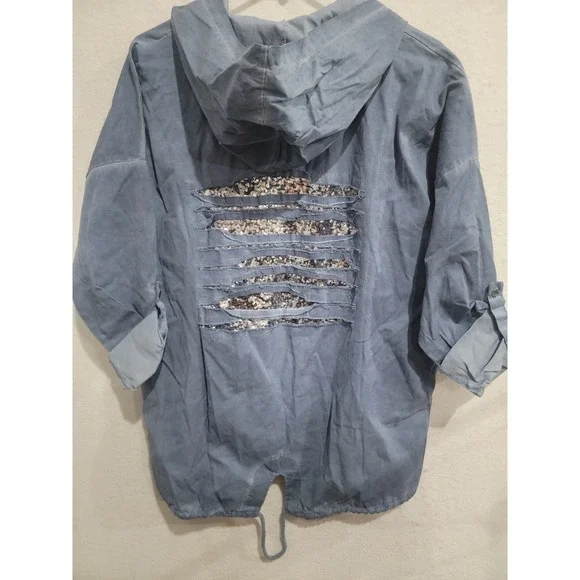 SIRELY'S Couture‎ Italy Blue Shredded Sequin Back Hood Jacket Boho Lagenlook OS