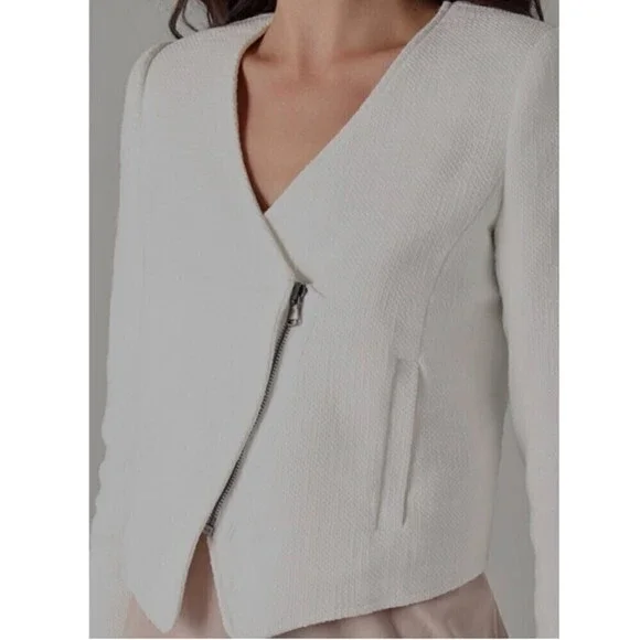 TIBI NY 100% Cotton Cropped Asymmetrical Knit Moto Jacket White 6 Quirt Luxury
