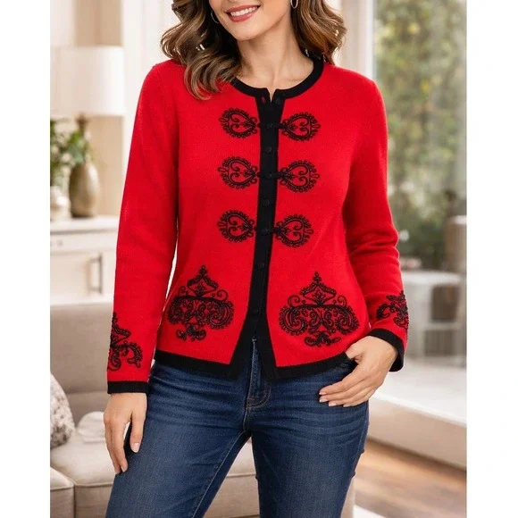 Vtg Susan Bristol Red Cardigan Jacket Worsted Wool Solid Knit Medium‎ Scroll