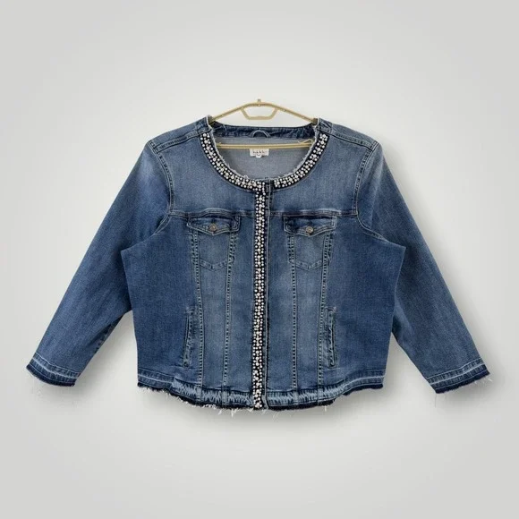 Nicole Miller Denim Jacket Womens‎ 3X Pearl Rhinestone Fringe Trim