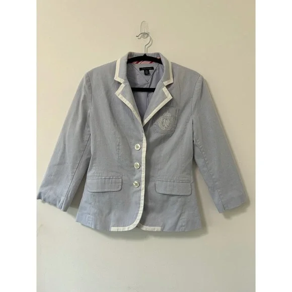 Tommy Hilfiger Blazer Womens Small Light Blue Excellent Preppy Crest Trim