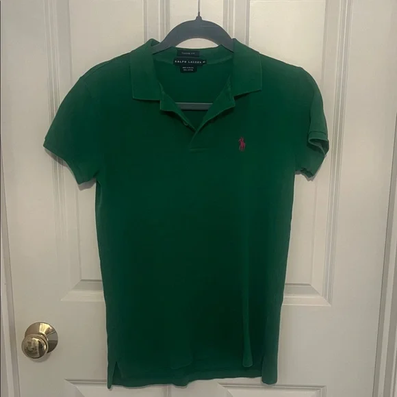 Ralph Lauren Classic 2 button short sleeve green polo with pink emblem. Size XS