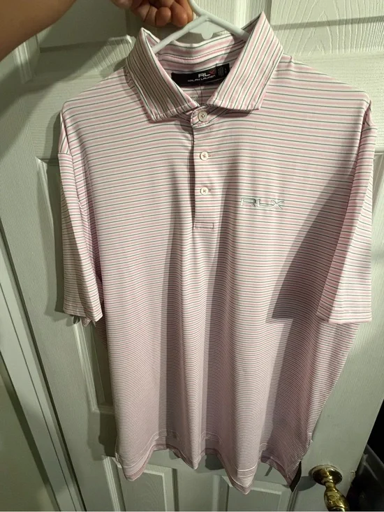 RLX Ralph Lauren Golf Polo Shirt Pink Stripe UV Protection Size Large
