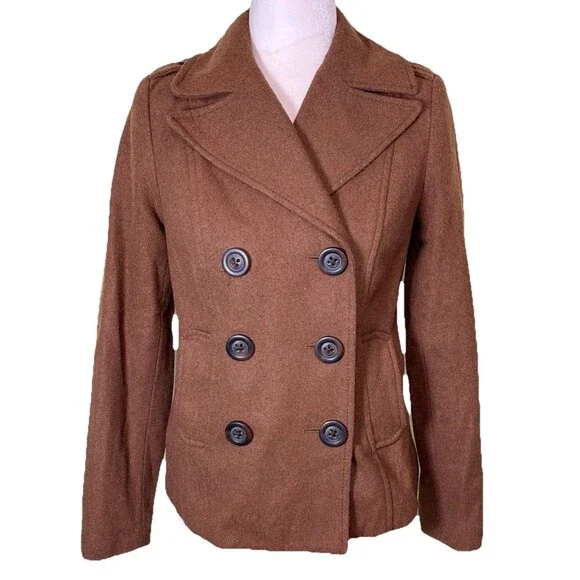 Women’s Brown Wool Blend Double Breasted Jacket‎ Classic Tailored Peacoat Sz XS