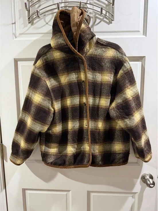 Womens Brown and Yellow Plaid Hooded Quilted Lined Utility Jacket Size Medium