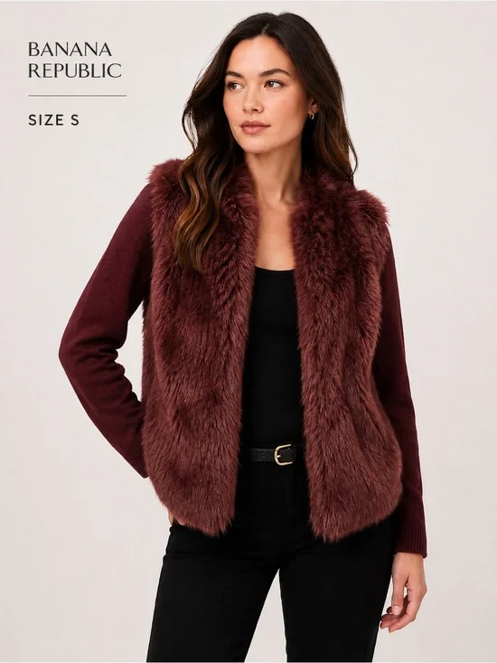 Banana Republic Burgundy Faux Fur Cardigan Jacket Size S Cozy Chic
