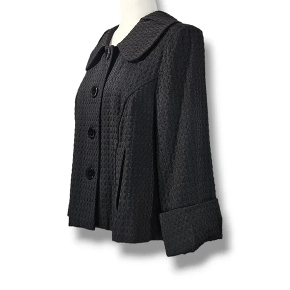 VTG EUC Du Jour Black‎ Textured Rounded Flat Collar Button-Down Jacket Size M