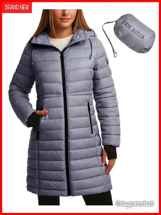 Long Hooded Puffer Parka Insulated Winter Coat Quilted Fill Packable