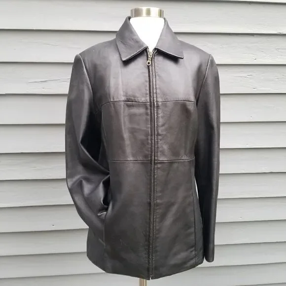 Vintage 90s y2k Black Patchwork Zip Up Leather Jacket Woman's‎ Medium