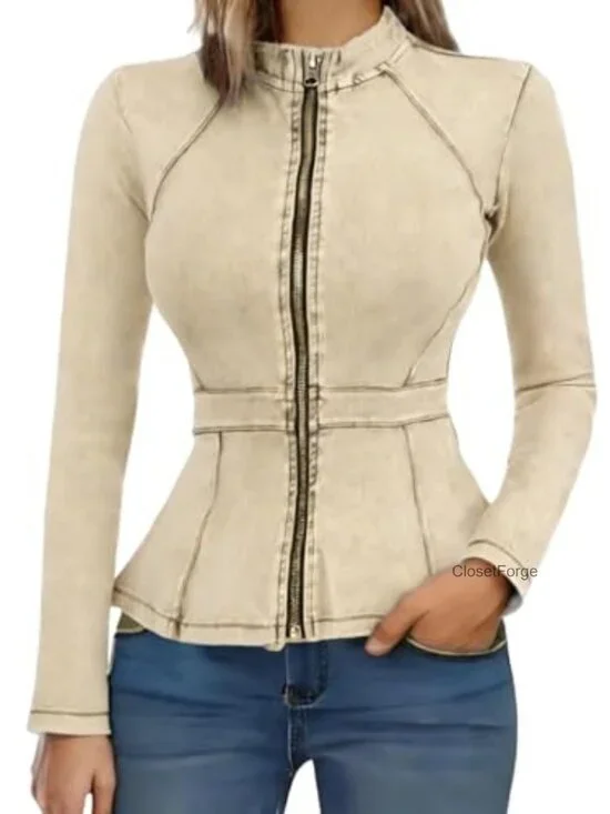 High Stretch Denim Peplum Jacket Lightweight Long Sleeve Zip Front Blazer Coats