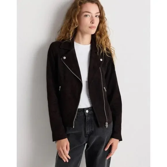 Quince‎ 100% Suede Biker Jacket Charcoal Black Size L Goat Leather Classic NWT