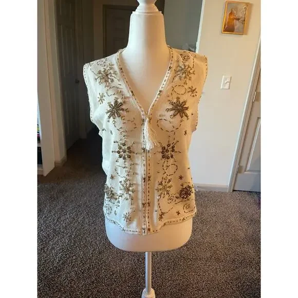 Vintage Holiday White Gold Beaded Vest Grandma Core Fall‎ Christmas Nostalgia