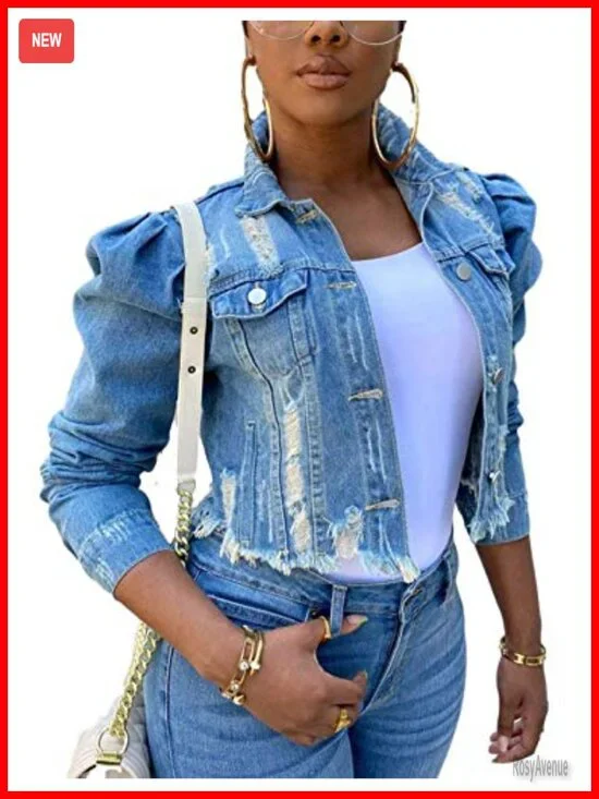 Puff Sleeve Denim Crop Top Long-Sleeve Frayed Hem Jean Jacket