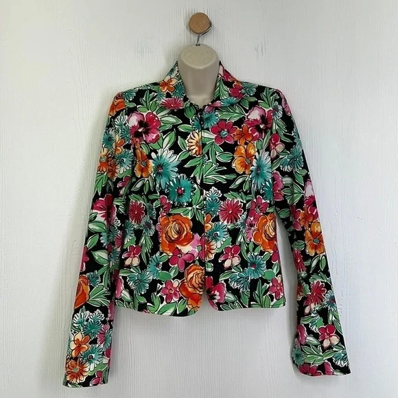 Anthracite - Bright Bold Floral Zip Up Shoulder Pad Blazer Size 4