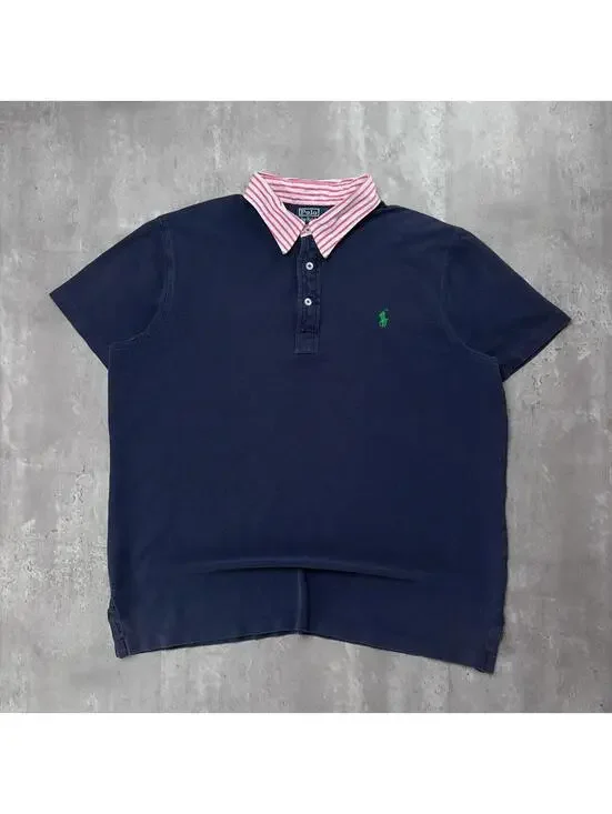 Vintage 90s Navy Polo Ralph Lauren Striped Collar Polo Shirt