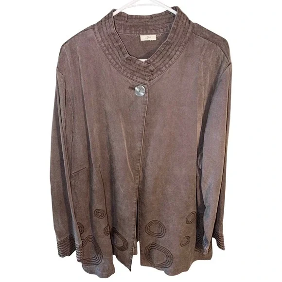 J. Jill Brown Tencel Lyocell Embroidered Mock Neck Jacket Large Q0534