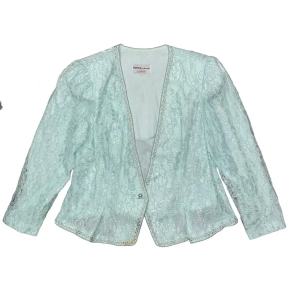 Vintage 80s Lace Minty‎ Pastel Blue Blazer Jacket Retro Coquette Whimsy