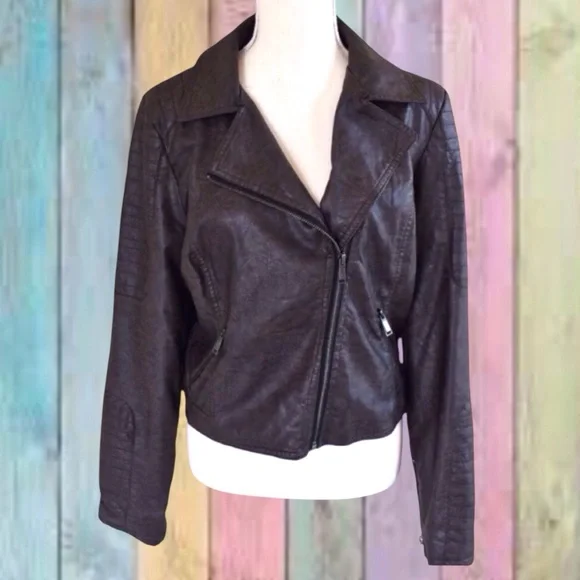 J2 Brown Faux Leather Cropped Moto Lined Jacket