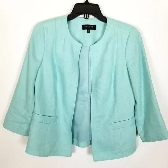 Talbots‎ Women Linen Blazer Blazer Jacket Size 4 Petite Light Blue Open Front