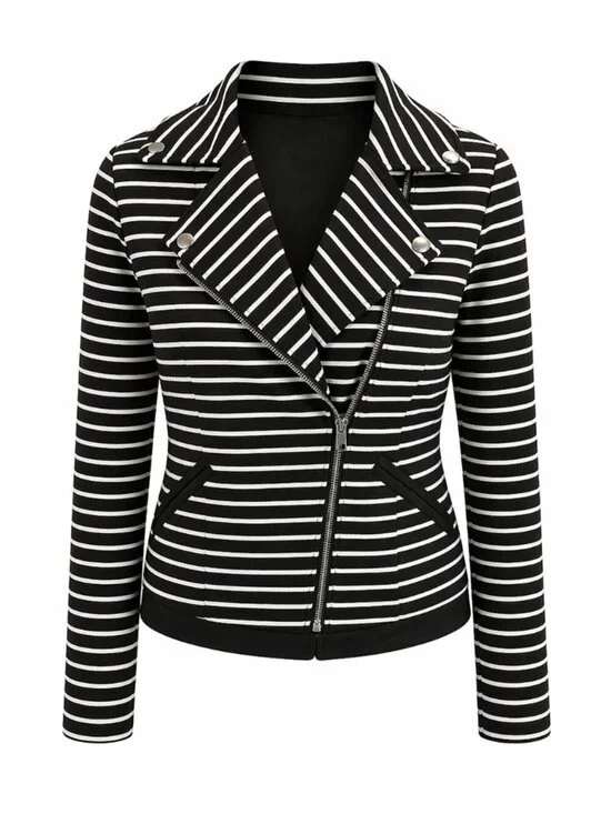 Bagatelle Black/White Striped Moto Jacket Stretch Lined Zip Front Women’s Large