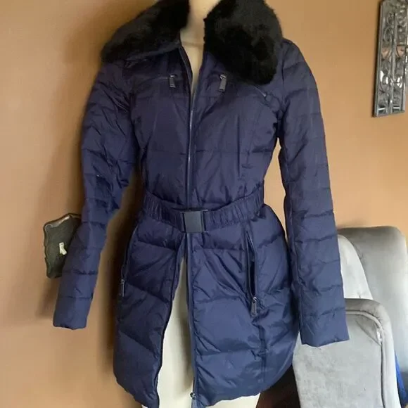 $250 DKNY Puffer Coat Black Fur Trim NAVY XS