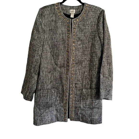 Chicos Jewel Tweed Jacket 12 Black Classic Resort Preppy Old‎ Money Luxury Chic