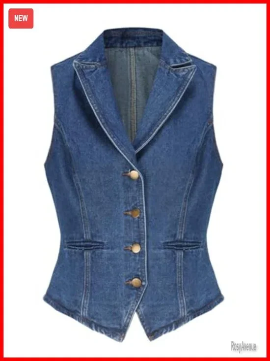 Sleeveless Denim Vest with V-Neck and Button Closure