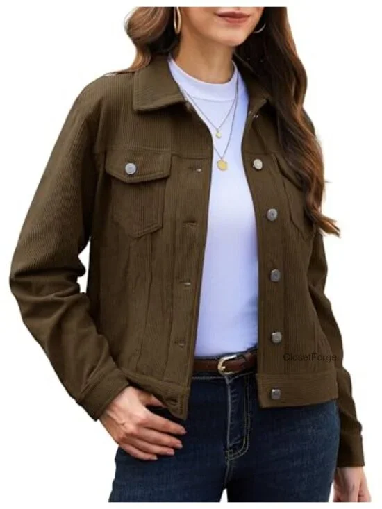 Corduroy Button Down Jacket with Pockets Drop Shoulder Long Sleeve Shacket