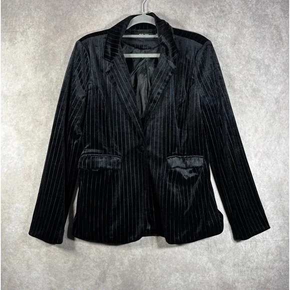 DO+BE Blazer Women M‎ Black Pinstripe Velvet Single Button Career Chic Mob Wives