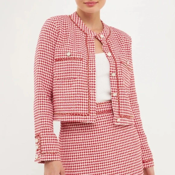 Endless Rose Gold Tweed Speckled Mini Tweed Check Blazer red