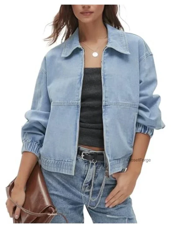 Long Sleeve Zip Up Elastic Hem Denim Jacket Bomber Coat