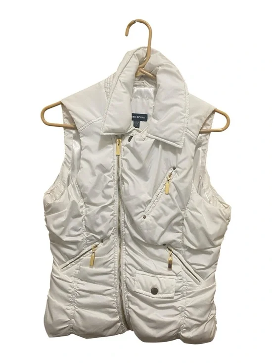 bebe White Quilted Sleeveless Puffer Vest with Gold Zippers