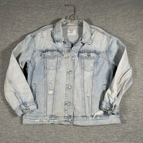 Old Navy Boyfriend Denim Jacket Womens Petite Medium‎ Light Wash Distressed Jean
