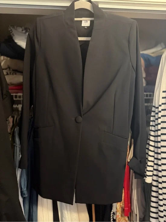 CAbi Black Longline Collarless Blazer with Single Covered Button