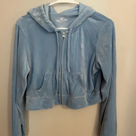 Hollister Women's Sky‎ Blue Velour Zip-Up Hoodie Jacket