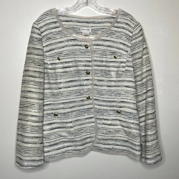 MONROE & MAIN Blazer Gray & Cream Tweed Crested Buttons Single Breasted 16