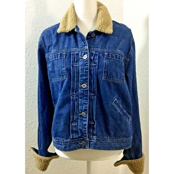 LIZ Claiborne Denim Jeans Jacket Trucker‎ Cotton Blue Sz XL Sherpa Collar Womens