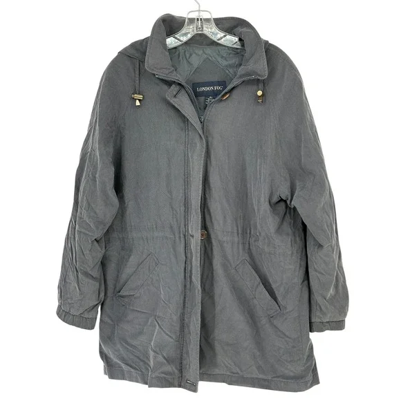 London‎ Fog Hooded Parka Jacket Gray Full Zip Drawstring Waist Large
