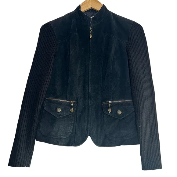 90s A.M.I. Suede Leather Knit‎ Sleeve Jacket Womens Black Full Zip Mock Neck S