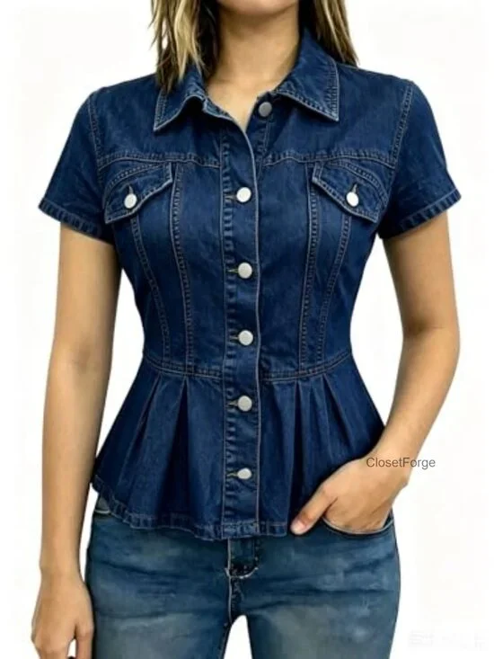 Women's Cap Sleeve Denim Jacket with Peplum Raw Hem and Pockets